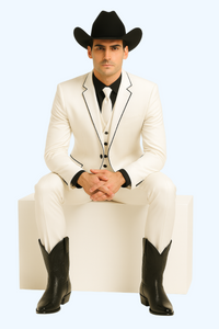 Black Lapel Two Toned Men'S 2 Buttons 3 Piece Church Suit White Tuxedo With Black Trim - Three Piece Suit