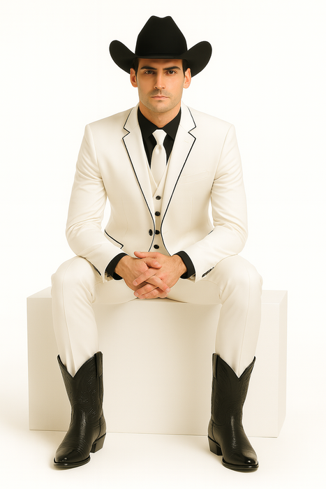 Black Lapel Two Toned Men'S 2 Buttons 3 Piece Church Suit White Tuxedo With Black Trim - Three Piece Suit