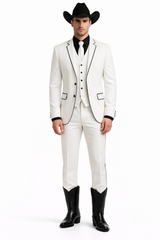 Black Lapel Two Toned Men'S 2 Buttons 3 Piece Church Suit White Tuxedo With Black Trim - Three Piece Suit