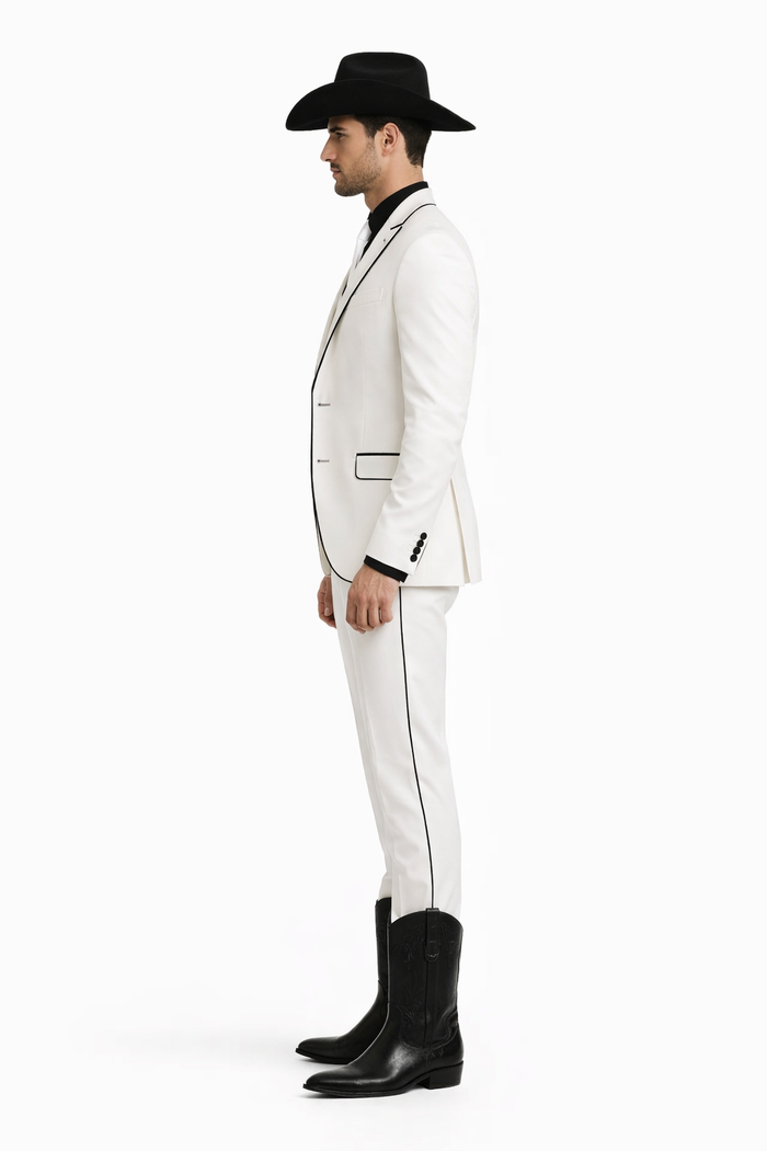 Black Lapel Two Toned Men'S 2 Buttons 3 Piece Church Suit White Tuxedo With Black Trim - Three Piece Suit