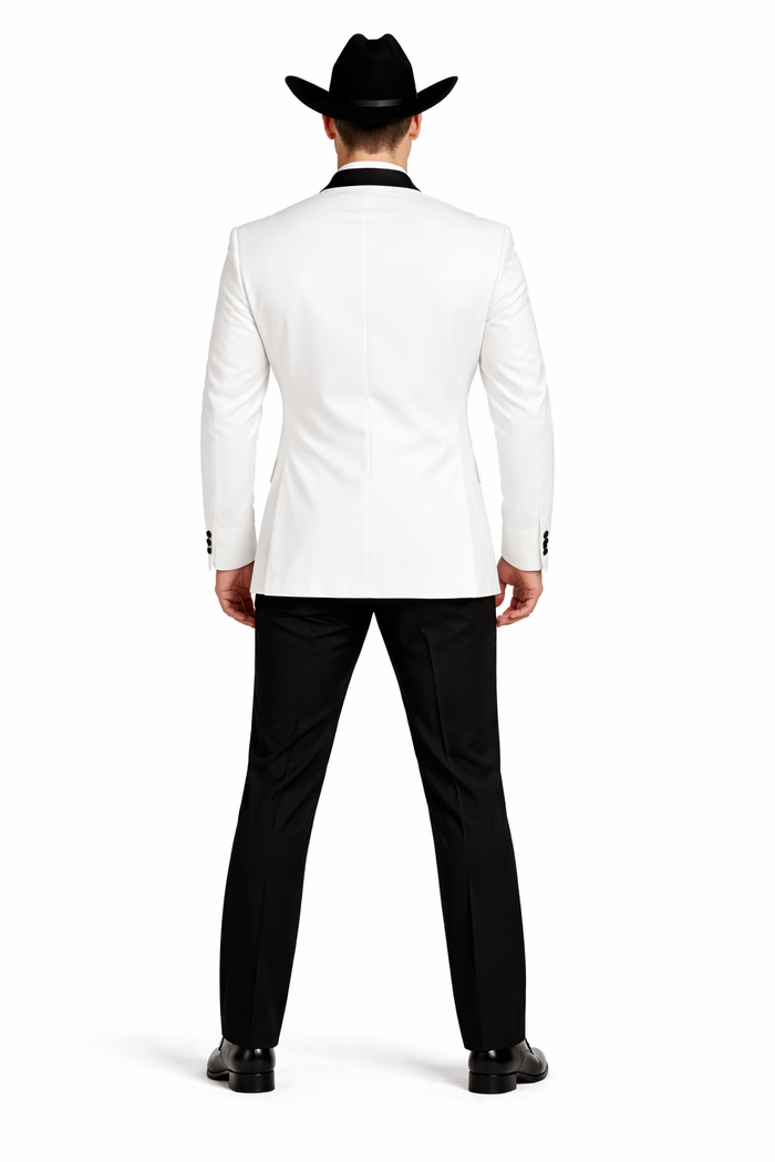 Black Lapel Two Toned Men'S 2 Buttons 3 Piece Church Suit White Tuxedo With Black Trim - Three Piece Suit