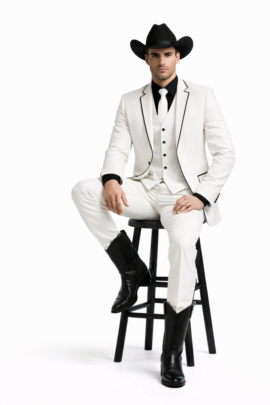 Black Lapel Two Toned Men'S 2 Buttons 3 Piece Church Suit White Tuxedo With Black Trim - Three Piece Suit