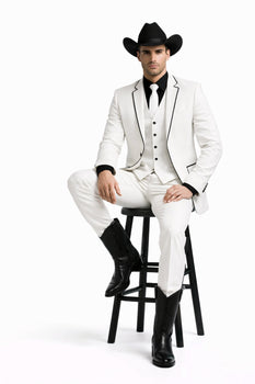 Black Lapel Two Toned Men'S 2 Buttons 3 Piece Church Suit White Tuxedo With Black Trim - Three Piece Suit