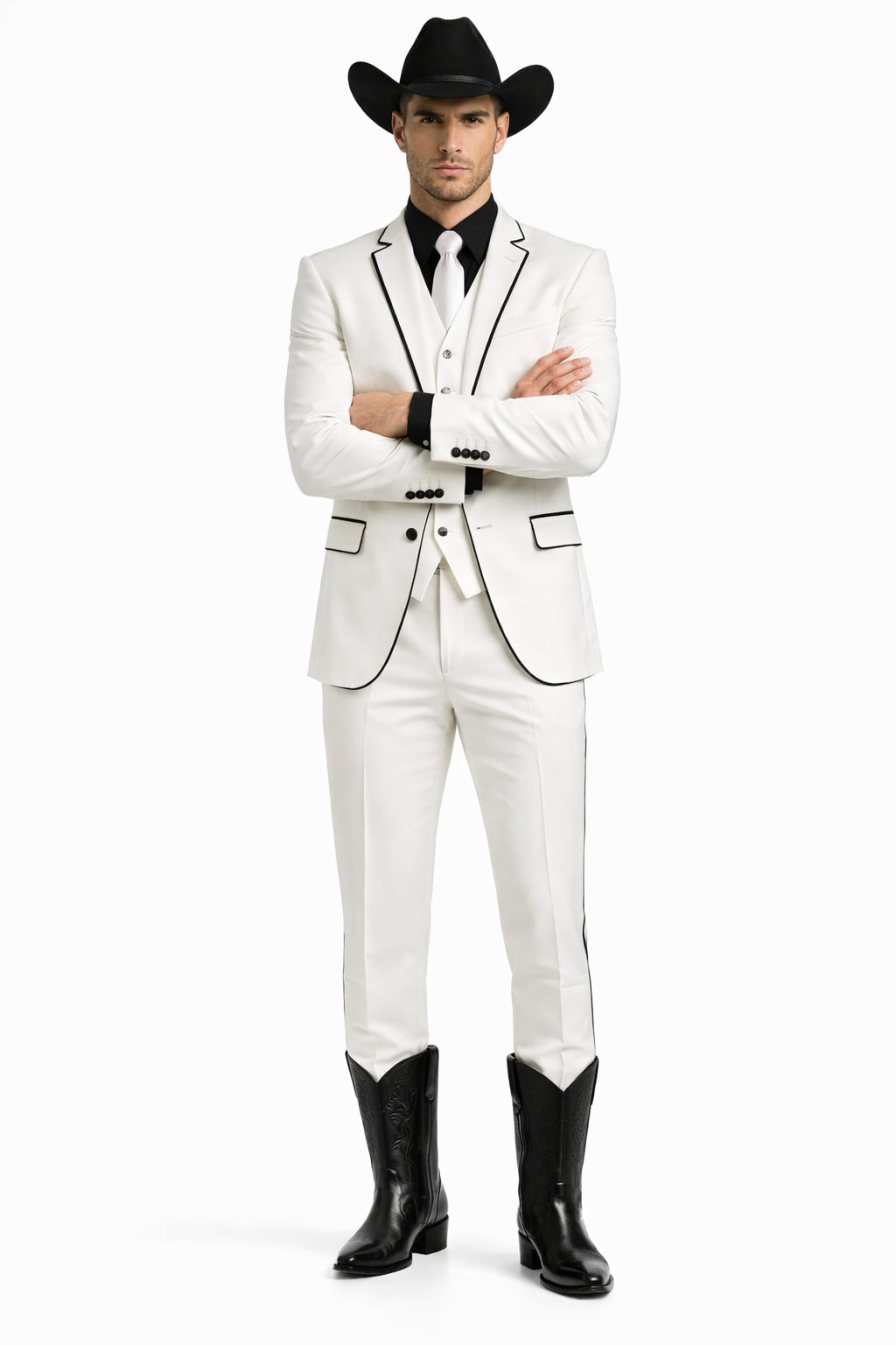 Black Lapel Two Toned Men'S 2 Buttons 3 Piece Church Suit White Tuxedo With Black Trim - Three Piece Suit