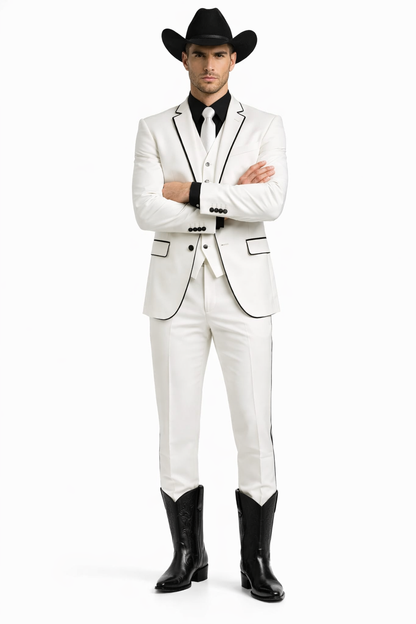 Black Lapel Two Toned Men'S 2 Buttons 3 Piece Church Suit White Tuxedo With Black Trim - Three Piece Suit