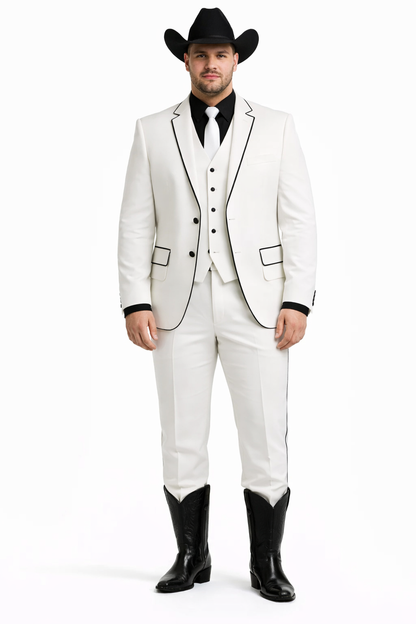 Black Lapel Two Toned Men'S 2 Buttons 3 Piece Church Suit White Tuxedo With Black Trim - Three Piece Suit