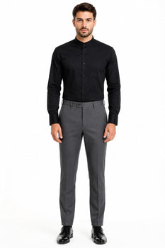 Solid Banded French Cuff Dress Mandarin Collarless Preacher Round Style Black Men's Dress Shirt