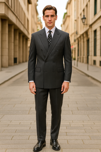 Black/PS Stripe Pinstripe Double Breasted Suits Super 140s Tetron~Rayon premier quality italian fabric