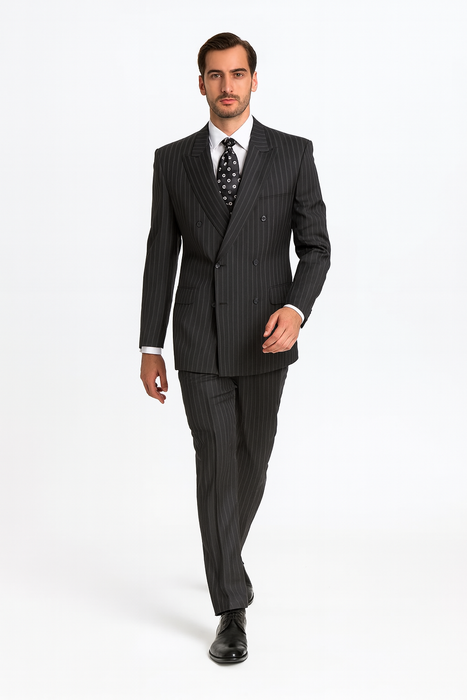Black/PS Stripe Pinstripe Double Breasted Suits Super 140s Tetron~Rayon premier quality italian fabric