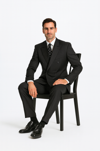 Black/PS Stripe Pinstripe Double Breasted Suits Super 140s Tetron~Rayon premier quality italian fabric