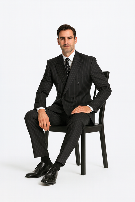 Black/PS Stripe Pinstripe Double Breasted Suits Super 140s Tetron~Rayon premier quality italian fabric