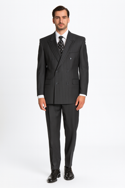 Black/PS Stripe Pinstripe Double Breasted Suits Super 140s Tetron~Rayon premier quality italian fabric