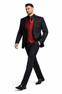 Mens Three Piece Suits - Vested Suit Mens Black/Red Jacket With Bold Vest with matching Tie and Hankie