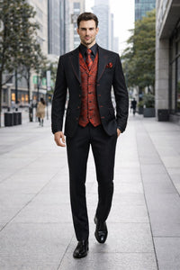 Mens Three Piece Suits - Vested Suit Mens Black/Red Jacket With Bold Vest with matching Tie and Hankie