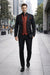 Mens Three Piece Suits - Vested Suit Mens Black/Red Jacket With Bold Vest with matching Tie and Hankie