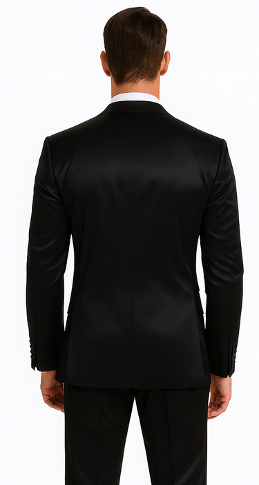 Black Satin Double Breasted 3 Piece Skinny Fit Tazzio Men's Suit with Peak Lapel Jacket