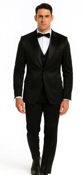 Black Satin Double Breasted 3 Piece Skinny Fit Tazzio Men's Suit with Peak Lapel Jacket - Image 5