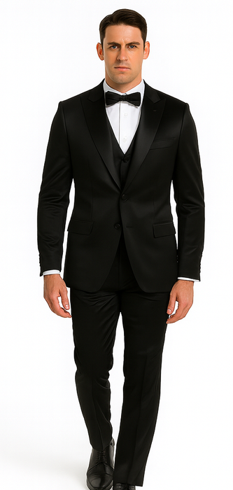 Black Satin Double Breasted 3 Piece Skinny Fit Tazzio Men's Suit with Peak Lapel Jacket