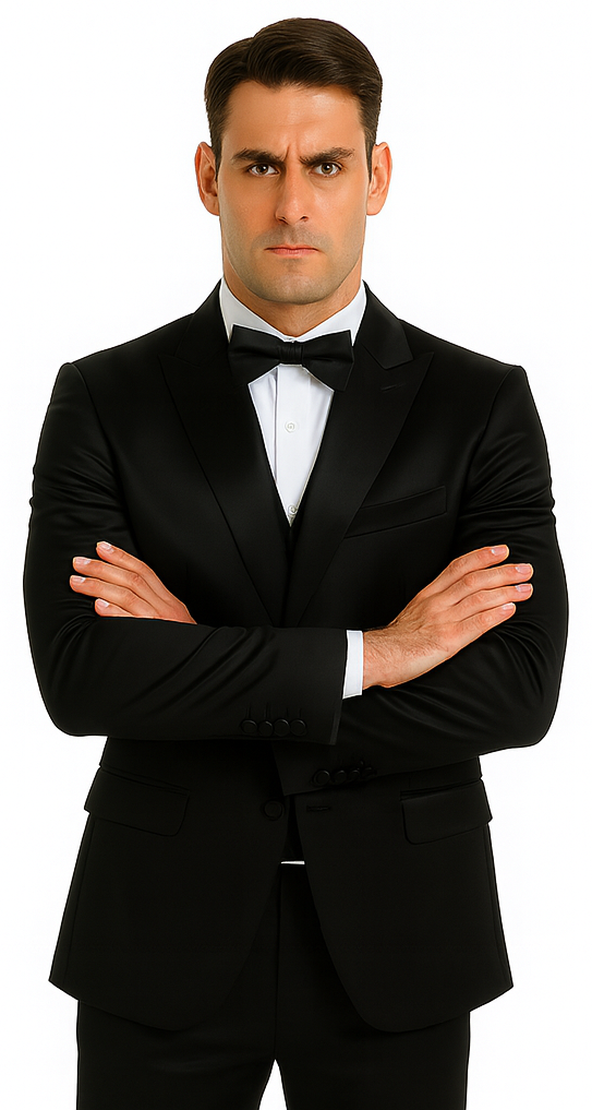 Black Satin Double Breasted 3 Piece Skinny Fit Tazzio Men's Suit with Peak Lapel Jacket - Image 6