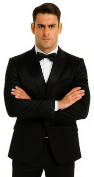 Black Satin Double Breasted 3 Piece Skinny Fit Tazzio Men's Suit with Peak Lapel Jacket - Image 6