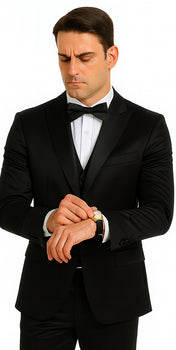 Black Satin Double Breasted 3 Piece Skinny Fit Tazzio Men's Suit with Peak Lapel Jacket - Image 7