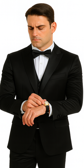 Black Satin Double Breasted 3 Piece Skinny Fit Tazzio Men's Suit with Peak Lapel Jacket