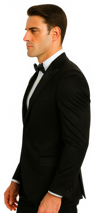 Black Satin Double Breasted 3 Piece Skinny Fit Tazzio Men's Suit with Peak Lapel Jacket - Image 8