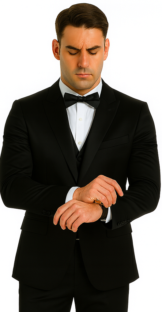 Black Satin Double Breasted 3 Piece Skinny Fit Tazzio Men's Suit with Peak Lapel Jacket - Image 2