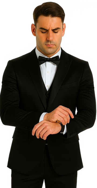 Black Satin Double Breasted 3 Piece Skinny Fit Tazzio Men's Suit with Peak Lapel Jacket - Image 2