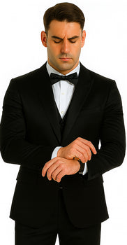 Black Satin Double Breasted 3 Piece Skinny Fit Tazzio Men's Suit with Peak Lapel Jacket - Image 2