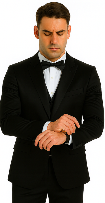 Black Satin Double Breasted 3 Piece Skinny Fit Tazzio Men's Suit with Peak Lapel Jacket