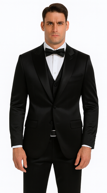Black Satin Double Breasted 3 Piece Skinny Fit Tazzio Men's Suit with Peak Lapel Jacket