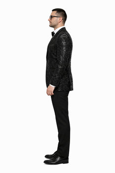 Men'S Sharkskin Flashy Stage Shiny Sequin Paisley Blazer Dinner Jacket 1 Button Black Sport Coat Jacket - Image 3