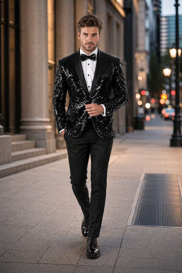 Sequin Blazer Mens Black Regular Fit Sequined 2 Buttons Shawl Lapel Blazer Matching Bow Tie