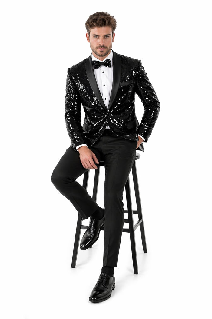 Sequin Blazer Mens Black Regular Fit Sequined 2 Buttons Shawl Lapel Blazer Matching Bow Tie