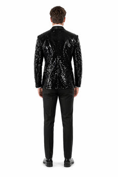 Sequin Blazer Mens Black Regular Fit Sequined 2 Buttons Shawl Lapel Blazer Matching Bow Tie