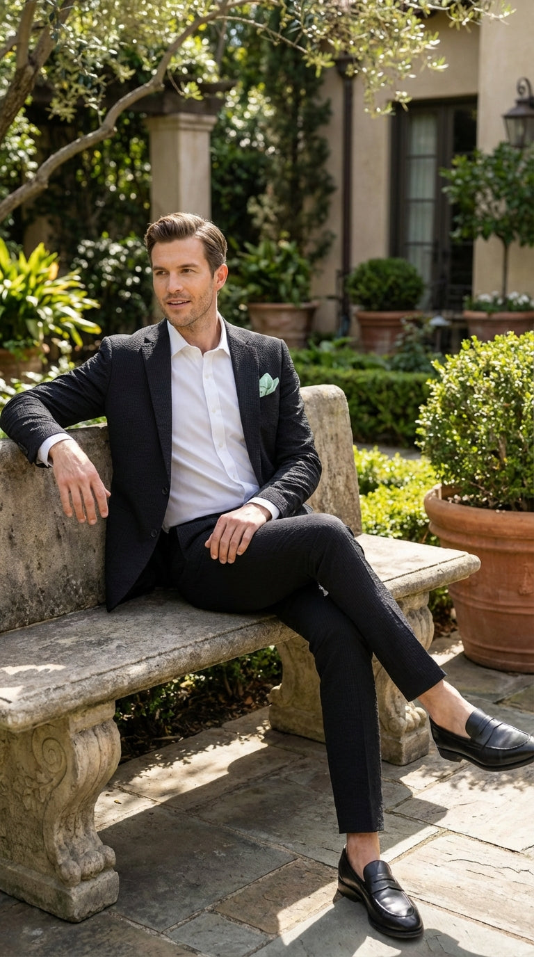 Mens Black Seersucker Suit – Shadow Ton on Ton Mini Textured Two Button Cotton Fabric Formal Summer Suit Modern Fit