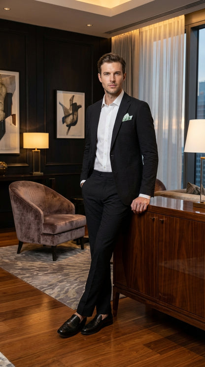 Mens Black Seersucker Suit – Shadow Ton on Ton Mini Textured Two Button Cotton Fabric Formal Summer Suit Modern Fit