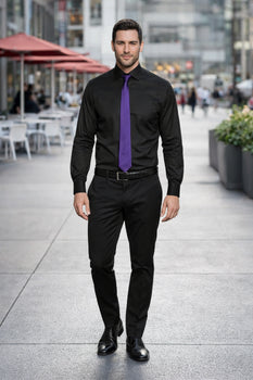 black dress shirt with purple tie Black with purple vest and tie