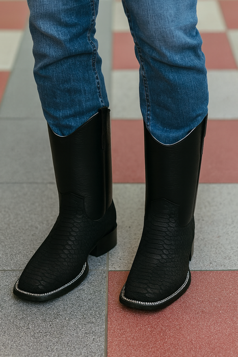 Black Square Toe Snake Print Boots