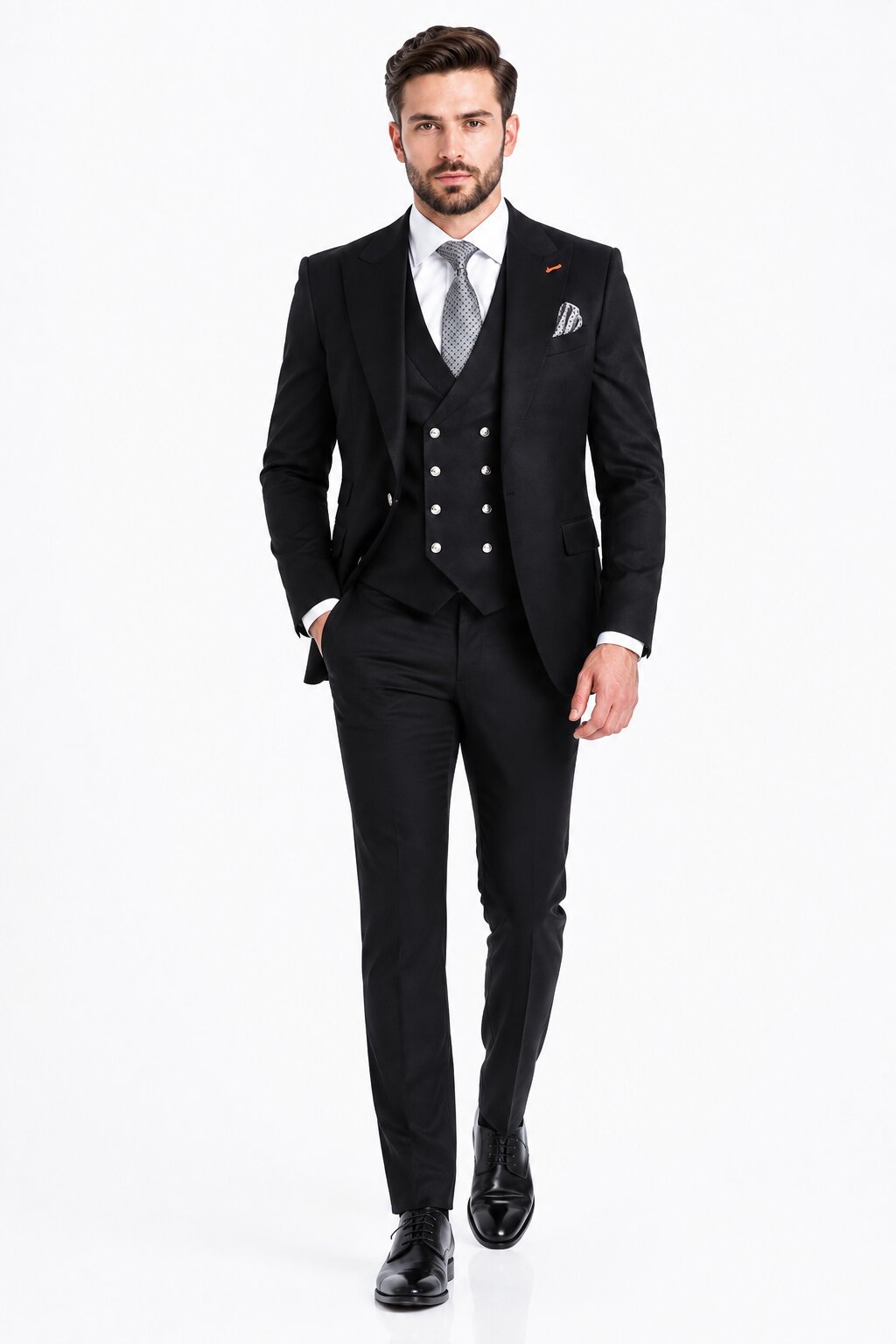 Men's Black Statement Ticket Pocket Peak Lapel Wool Double Breasted Vest Suit with Silver Buttons – Modern Fit