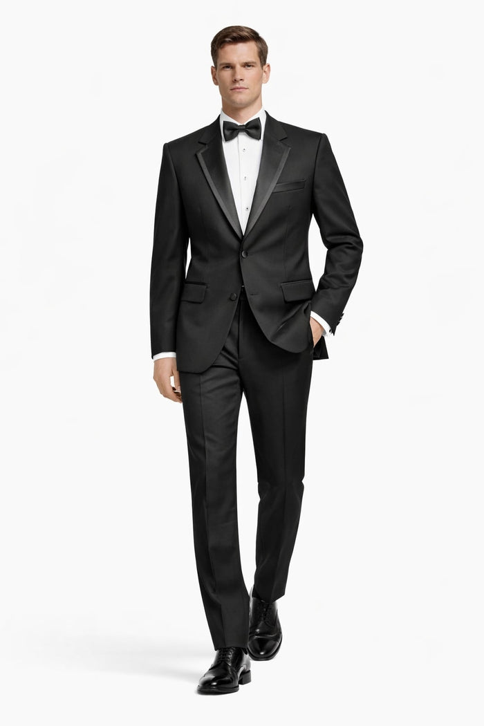2 Button Solid Black Tuxedo With Black Trim No Pleated Pants Wool Suit - Image 4