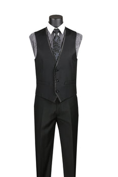 Black Trimmed Lapel Slim Fit 3 Piece Suit - Image 2