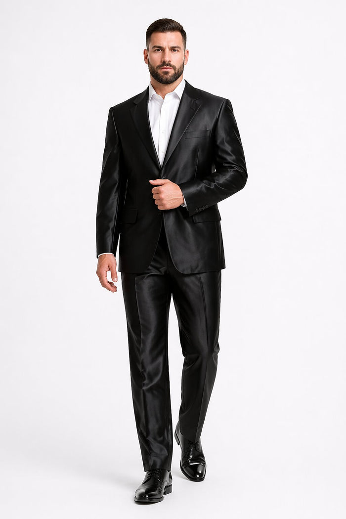 Men'S Shiny Black 2-Button Men'S Sharkskin Suit