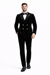 Mens Velvet Suit - Slim Fit Double Breasted Suit Blazer and Pants - Green