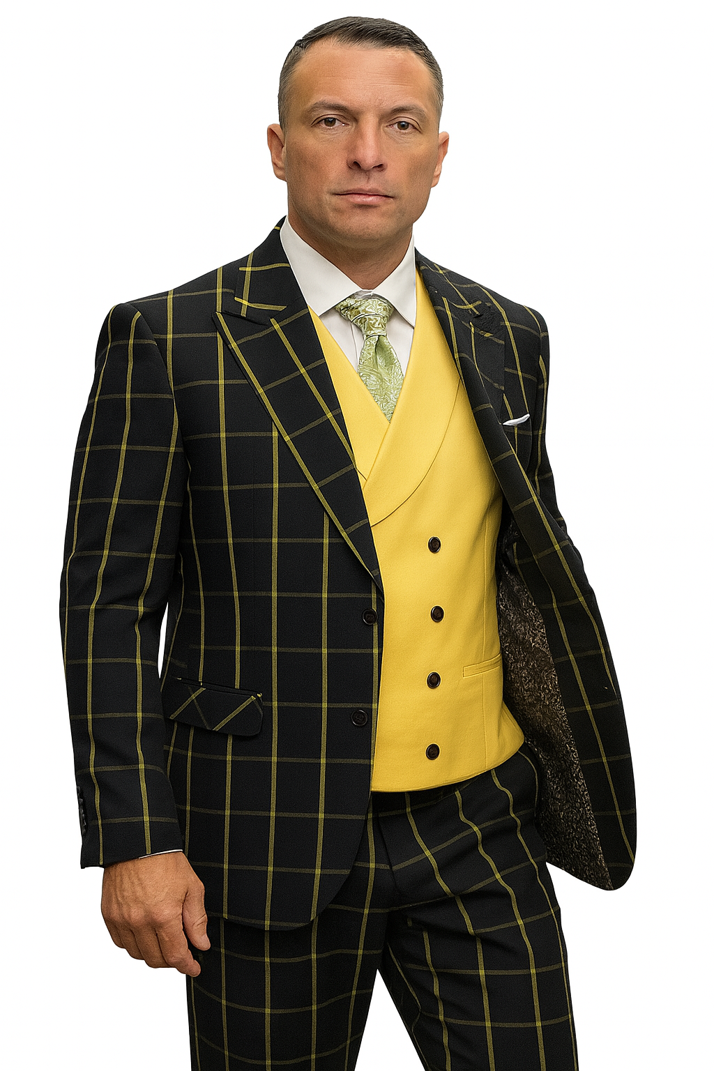 Athletic Suit - Black ~ Yellow Windowpane - Plaid Suit Modern Fit Side Vented Super 150's Wool Fabric - 100% Percent Wool Fabric Suit - Worsted Wool Business Suit - Image 6