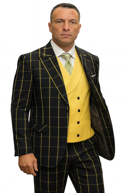 Athletic Suit - Black ~ Yellow Windowpane - Plaid Suit Modern Fit Side Vented Super 150's Wool Fabric - 100% Percent Wool Fabric Suit - Worsted Wool Business Suit - Image 6
