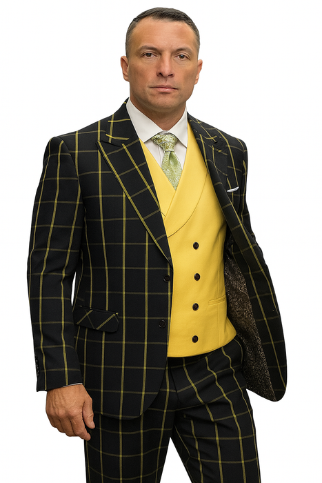Athletic Suit - Black ~ Yellow Windowpane - Plaid Suit Modern Fit Side Vented Super 150's Wool Fabric - 100% Percent Wool Fabric Suit - Worsted Wool Business Suit