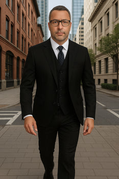 Wool Suit - Italian Made Business Suit by Statement Men's 3 Piece 100% Wool Fashion Suit - Herringbone Stripes