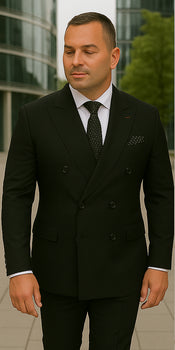 Wool Suit - Italian Made Business Suit by Statement Men's 2 Piece 100% Wool Double Breasted Suit - Micro Windowpane